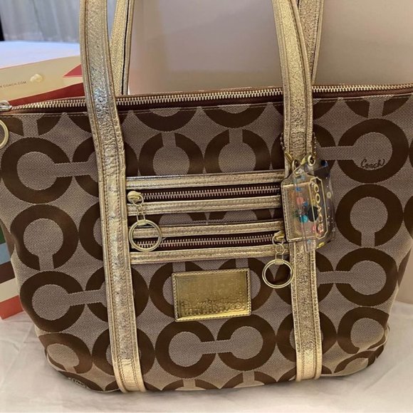Authentic COACH Op Art Poppy tote bag canvas shoulder beige gold Style #13826 - Picture 1 of 7